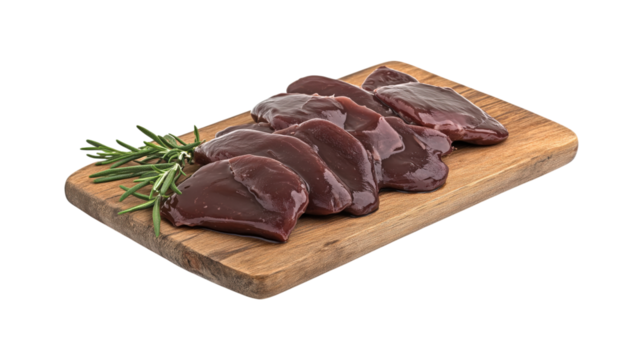 Raw duck liver pieces with rosemary isolated on a transparent background