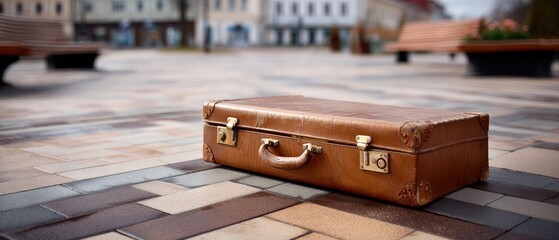 Vintage suitcase on empty square invites adventure in a blurred cityscape background with retro style and copy space for travel messages