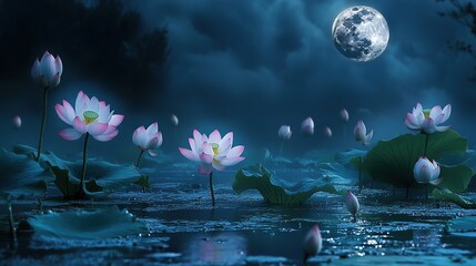 A calming moonlit scene where pastel-colored lotus flowers float on a tranquil pond