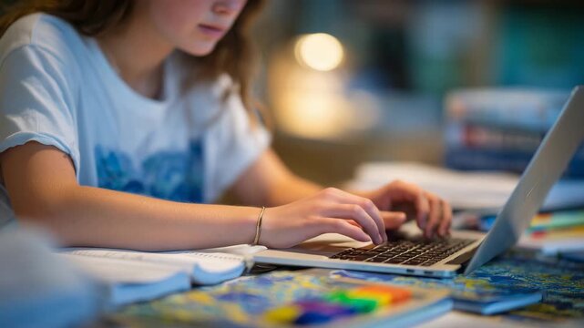 208Close-up of a girl&rsquo;s hands typing on a laptop keyboard, colorful markers, and math notes visible nearby, warm light illuminating her study area