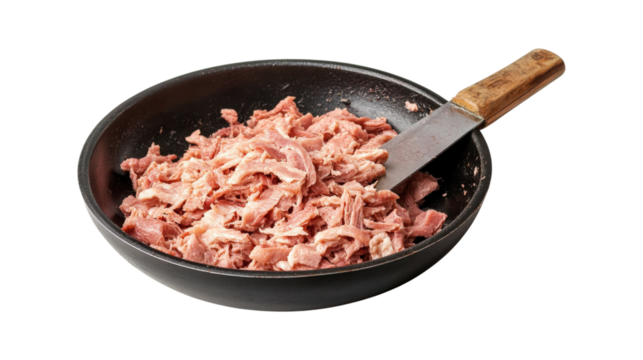 Shredded Meat in Frying Pan isolated on a transparent background
