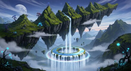 Fantasy floating islands with waterfalls and glowing plants