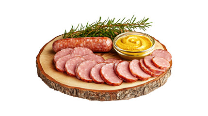 Sliced Sausage and Mustard Dip isolated on a transparent background
