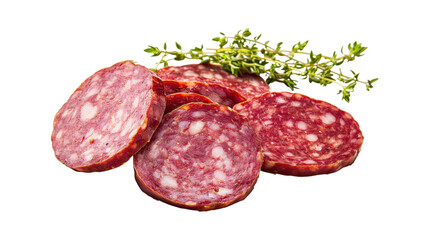 Sliced salami with thyme sprig isolated on a transparent background