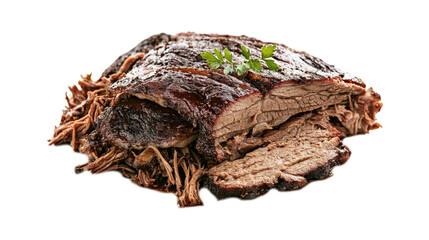 Sliced smoked brisket with pulled meat isolated on a transparent background