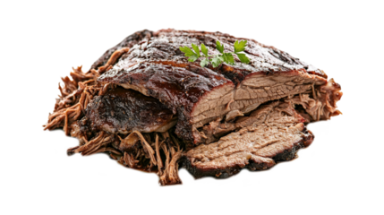 Sliced smoked brisket with pulled meat isolated on a transparent background