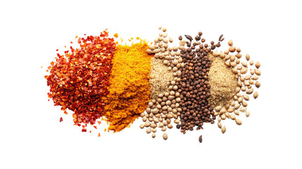 Spice assortment red chili powder turmeric peppercorns isolated on a transparent background