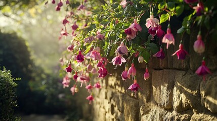 A cascading wall of pastel fuchsias growing organically over an old stone wall