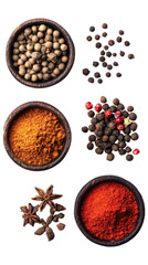 Spice assortment in wooden bowls isolated on a transparent background