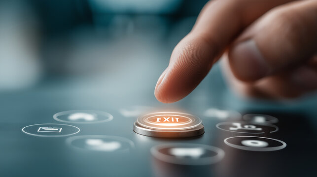 A close-up of a finger poised to press an illuminated exit button on a sleek, modern interface, symbolizing navigation and decision-making.