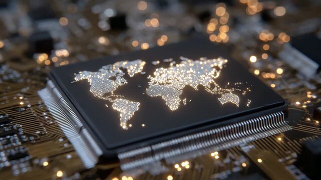 211Artistic close-up of a processor chip with integrated glowing world map, miniature LEDs along PCB traces, dramatic shadows emphasizing depth and precision
