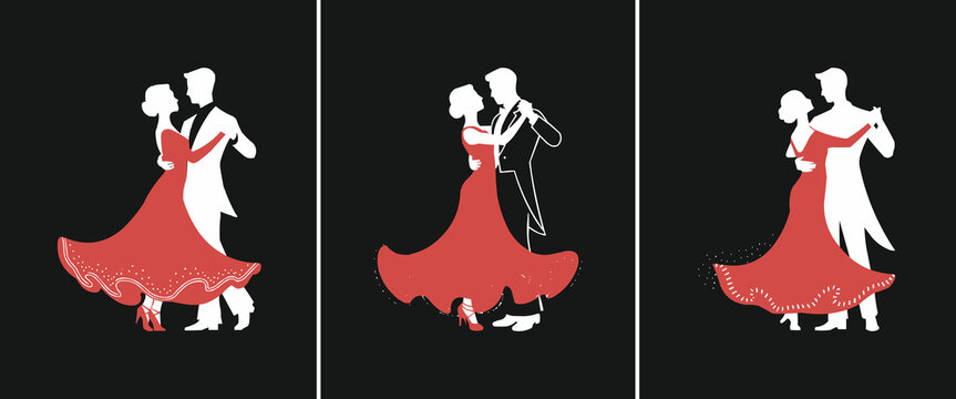 Elegant ballroom dance couple silhouettes with flowing red dress and classic romantic movement poses on dark background
