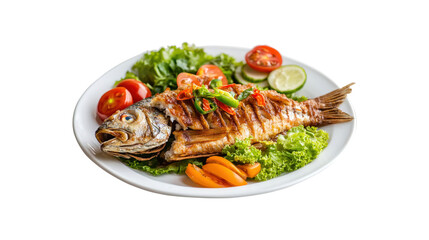 Whole fried fish with vegetables isolated on a transparent background