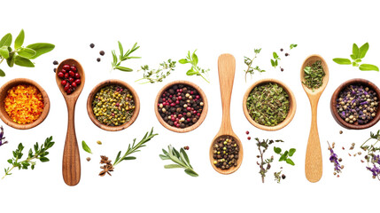 Wooden bowls and spoons with spices isolated on a transparent background