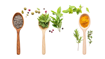 Wooden spoons with chia seeds turmeric and herbs isolated on a transparent background