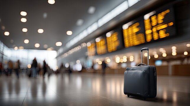 Black suitcase in busy airport terminal with blurred travelers and flight information board creating a sense of travel and adventure