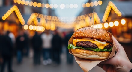 Hand holding a delicious burger with melted cheese and fresh lettuce, set against a vibrant street food market with glowing lights and a bustling crowd, showcasing the joy of street dining experience