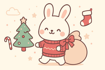 Cute Christmas characters vector illustration featuring Santa Claus, Mrs. Claus, reindeer, snowmen, elves, penguins, polar bears, and gingerbread men.