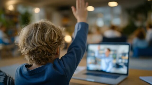 218A cozy home classroom setting with a child raising their hand during an online session, teacher visible on laptop screen, soft daylight and calm colors filling the room - Powered by Adobe