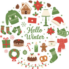 Hello Winter festive collage, cozy seasonal elements, holiday decorations, warm winter vibes, traditional symbols and treats - flat vector illustration