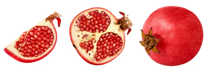 Fresh pink pomegranate fruit and cut in a half of pomegranate with red seeds isolated. Collection of pomegranates. Slice of pomegranate. Pomegranate chunk with clipping path. Not AI, real photo.