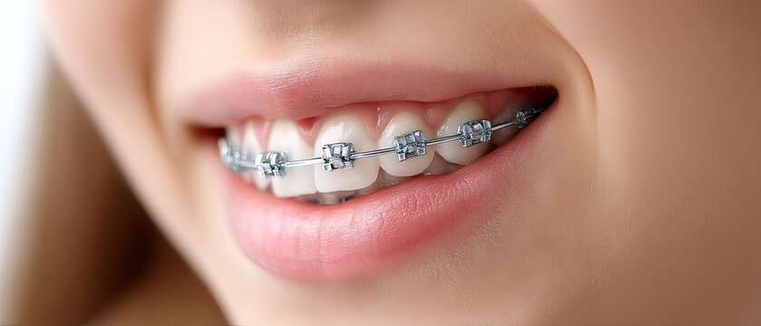 Close-up view of a mouth with braces showcasing straightening teeth on a white background for magazine use