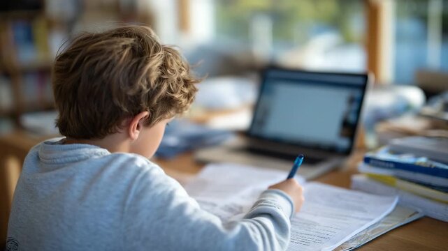221Over-the-shoulder view of a child taking notes while participating in an online class, tablet and books scattered across a bright study table