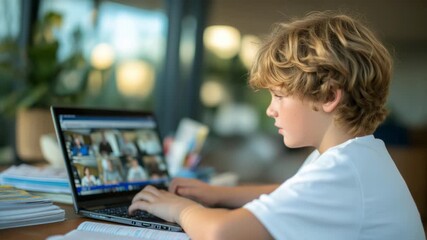 222Side view of a child seated at a modern home workspace, laptop open with virtual classmates visible on screen, bright and airy study atmosphere - Powered by Adobe