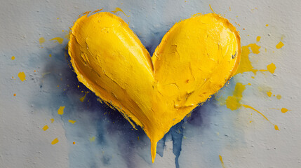 A vibrant yellow heart painted with thick brushstrokes on a blue canvas