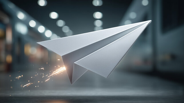 A paper airplane flying with sparks in a blurred background environment