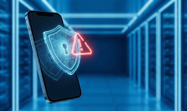 Cyber security breach alert with holographic shield and warning symbol — digital network protection concept