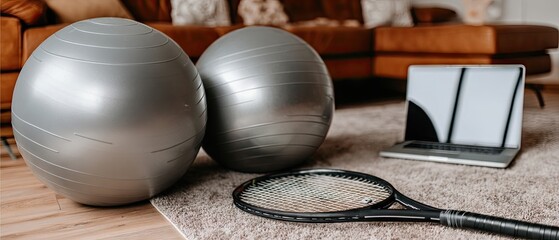 Innovative fitness setup featuring exercise balls, yoga mat, laptop, and tennis racket in a stylish home gym environment