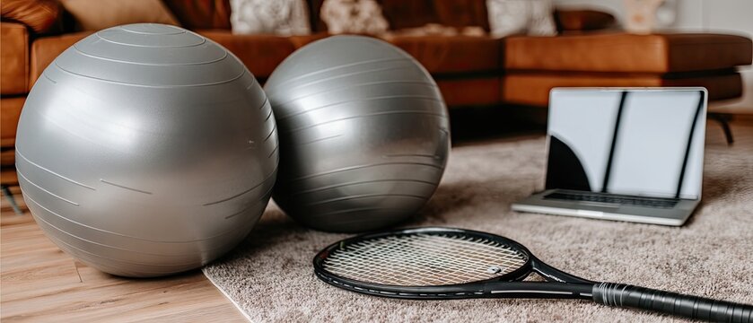 Innovative fitness setup featuring exercise balls, yoga mat, laptop, and tennis racket in a stylish home gym environment