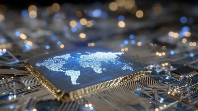 226Detailed close-up of processor surface with world map embedded in microcircuitry, glowing PCB lines and ultrafine electronic textures highlighted under dramatic lighting