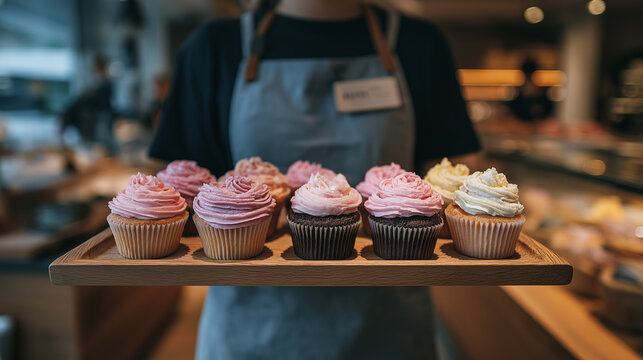 A wide array of colorful cupcakes with swirled frosting, displayed on a wooden tray, ready to delight customers in a cozy bakery setting.