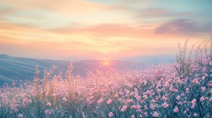 A dreamy overlook of a hillside filled with pastel-colored primroses and flowing grasses