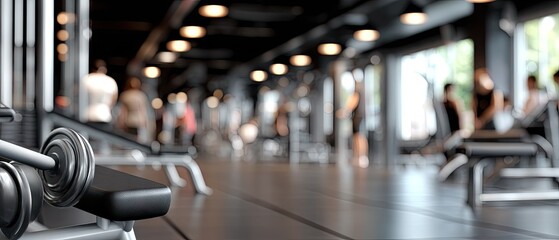 Modern gym interior with fitness equipment and people exercising, offering space for branding and design elements