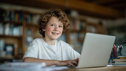 230A child enthusiastically interacts with an online learning platform, smiling while typing notes, surrounded by crayons, books, and a warm home vibe