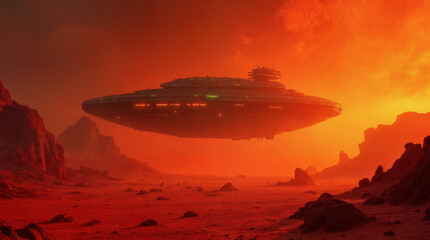 Alien Starship Landing at Sunset on a Red Desert Planet – Cinematic Sci-Fi Landscape