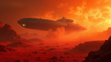Alien Starship Landing at Sunset on a Red Desert Planet – Cinematic Sci-Fi Landscape