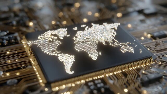 228Artistic close-up of a processor chip with integrated glowing world map, miniature LEDs along PCB traces, dramatic shadows emphasizing depth and precision