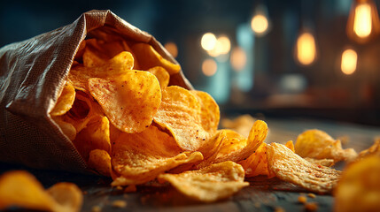 Close up of potato chips spilling out of a bag on a dark surface area