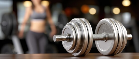 Dumbbells resting on a table in a gym with a blurred background of a woman exercising to improve her fitness