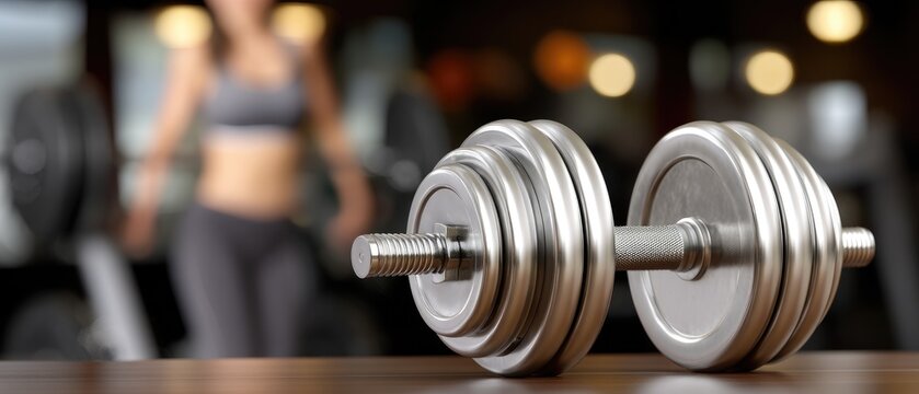 Dumbbells resting on a table in a gym with a blurred background of a woman exercising to improve her fitness - Powered by Adobe