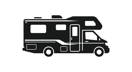 A detailed black and white illustration of a recreational vehicle for travel and adventure silhouette