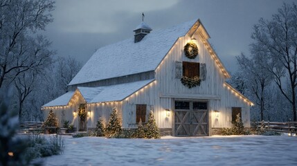 Snowy barn decorated with wreaths and Christmas lights at dusk,