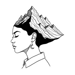 Artistic illustration of a woman with a hairstyle transforming into mountains, symbolizing creativity and nature
