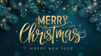 Festive merry christmas and happy new year greeting with fir branches