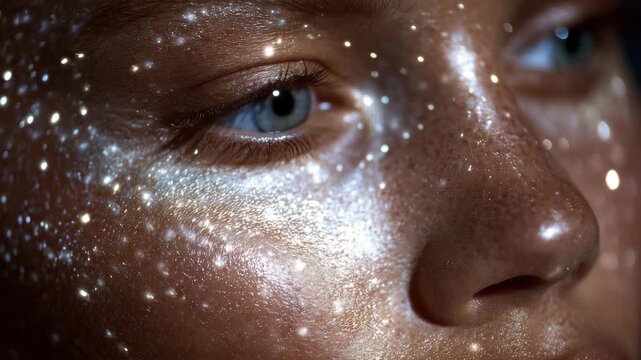 234Close-up of radiant skin infused with glowing nanotechnology particles, soft ambient light emphasizing smooth texture and molecular activity