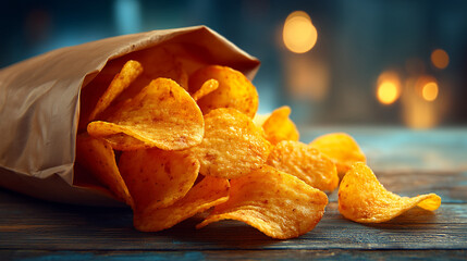 A close up of tortilla chips spilling out of a paper bag on a wood table